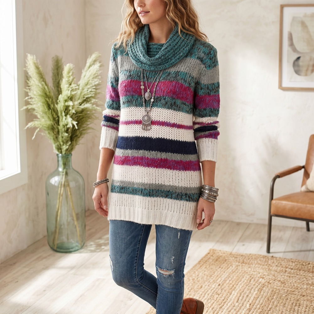 JohnPaulRichard Mix Stripe Cowl Neck Sweater Vibrant Indie Whimsigoth Y2k Art L